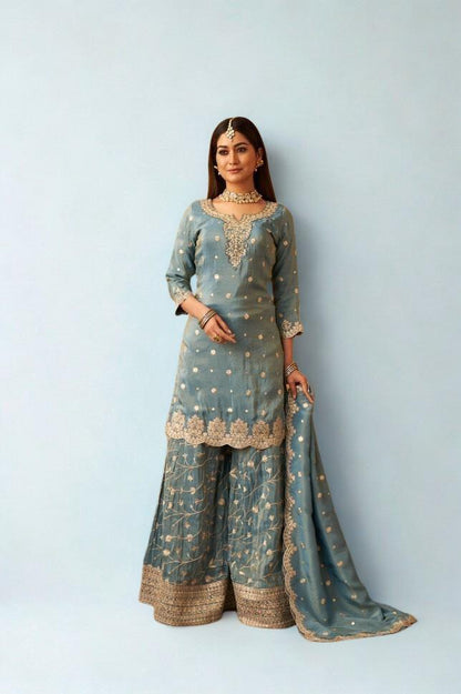 DD1610 Embroidery Kurta and Sharara with Dupatta